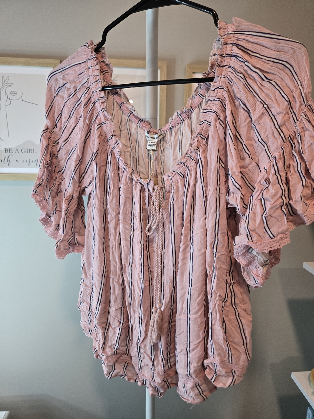 American Eagle Outfitters Off The Shoulder Pink Striped Peasant Top Tassel Tie